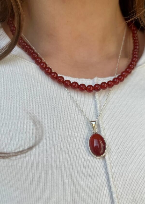 Karnelyan Akik Dizi Kolye 6mm | Gümüş Kapama - Görsel 4