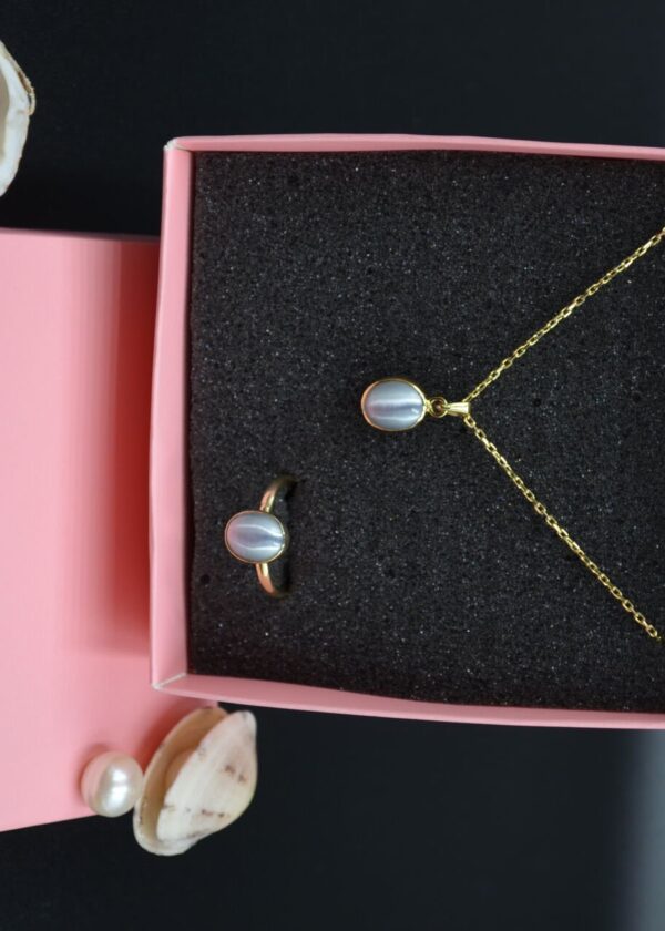 Gerçek Oval Gri  Kedi Gözü  Kolye | Altın Kaplama 925 ® Gümüş - Görsel 6