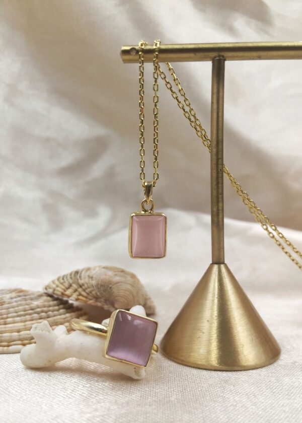 Gerçek Oval Gri  Kedi Gözü  Kolye | Altın Kaplama 925 ® Gümüş - Görsel 7