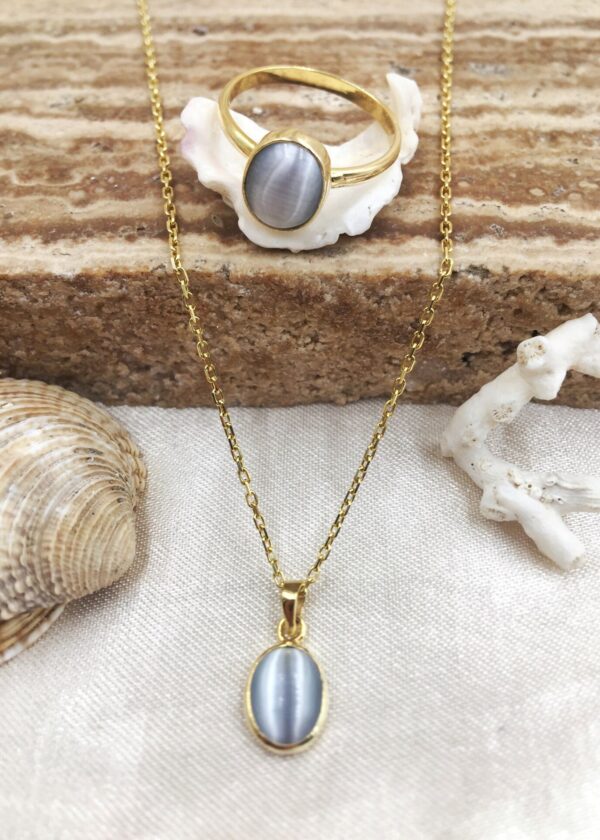 Gerçek Oval Gri  Kedi Gözü  Kolye | Altın Kaplama 925 ® Gümüş - Görsel 8