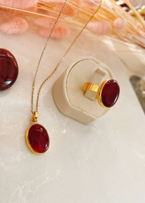 Doğal Karnelyan Akik  22 Ayar Altın Kaplama Gümüş Yüzük - Görsel 4