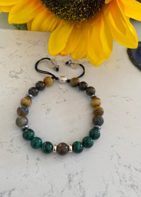 Malakit & Kaplangözü & Bronzit İpli Değişim-Güç-Para Bilekliği | Gümüş Kapama Bileklik - Görsel 3