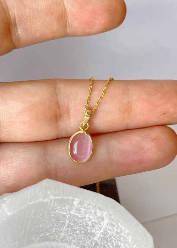 Gerçek Pembe Kuvars Oval Kolye | Altın Kaplama 925 ® Gümüş - Görsel 2