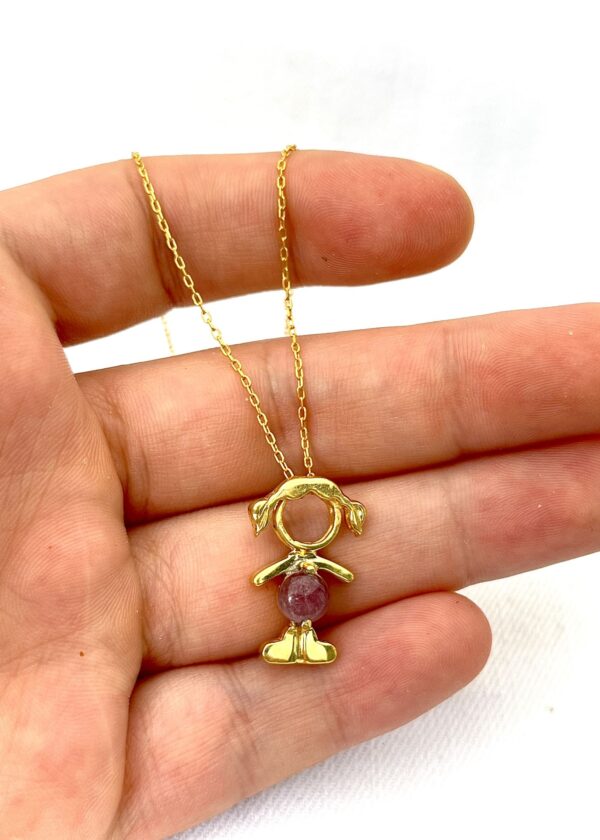 Kız Figür Pembe Turmalin Kolye | 22 Ayar Altın Kaplama Gümüş Kolye - Görsel 4